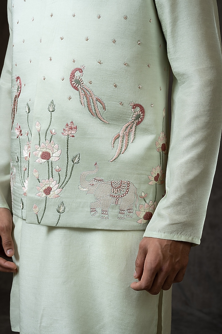 Mint Green Embroidered Bundi Jacket With Kurta Set by PAARSH at Pernia's Pop Up Shop