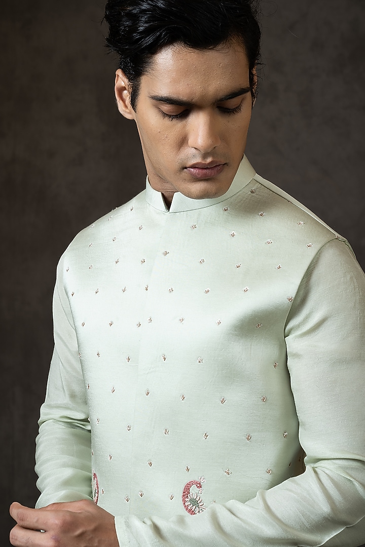 Mint Green Embroidered Bundi Jacket With Kurta Set by PAARSH at Pernia's Pop Up Shop