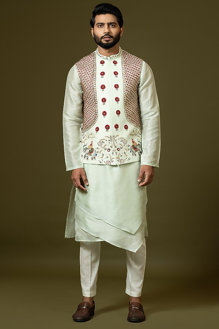 Mint Green Satin Embroidered Bundi Jacket With Kurta Set by PAARSH at Pernia's Pop Up Shop