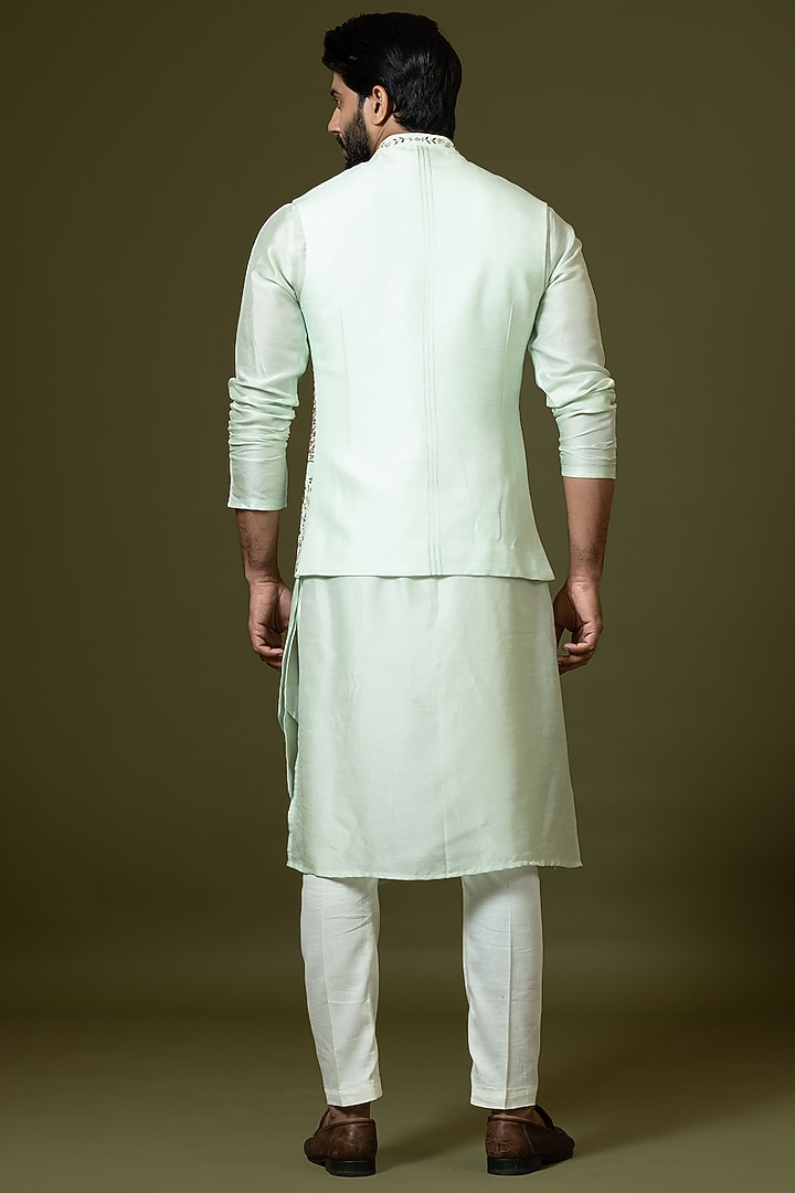 Mint Green Satin Embroidered Bundi Jacket With Kurta Set by PAARSH at Pernia's Pop Up Shop