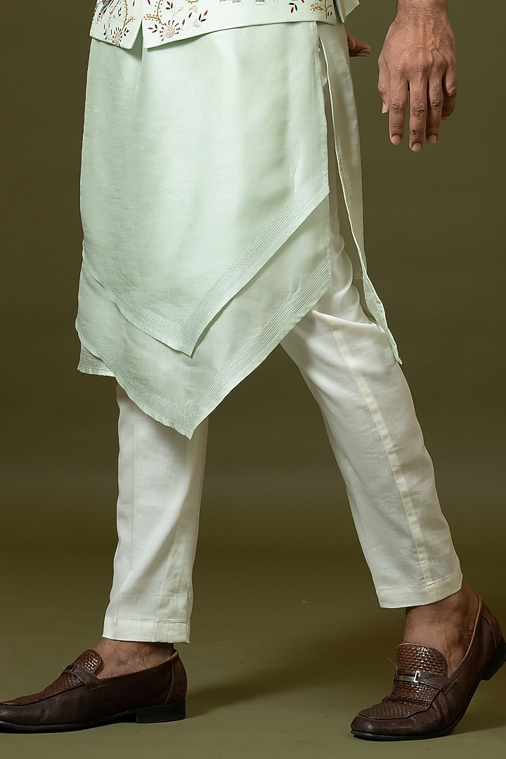 Mint Green Satin Embroidered Bundi Jacket With Kurta Set by PAARSH at Pernia's Pop Up Shop