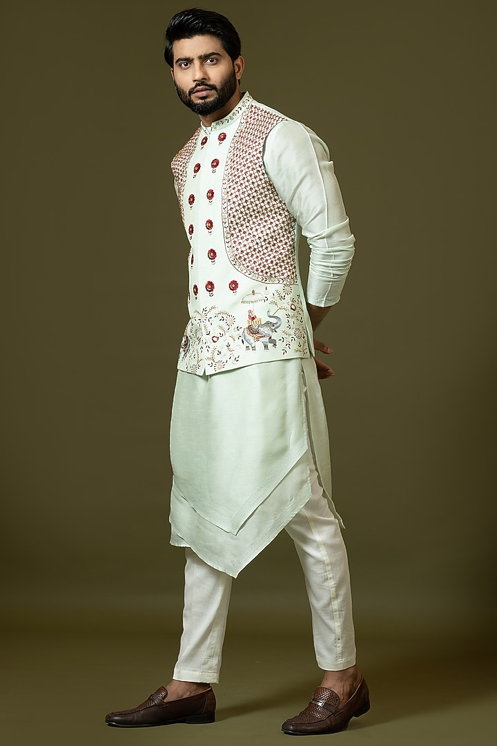 Mint Green Satin Embroidered Bundi Jacket With Kurta Set by PAARSH at Pernia's Pop Up Shop