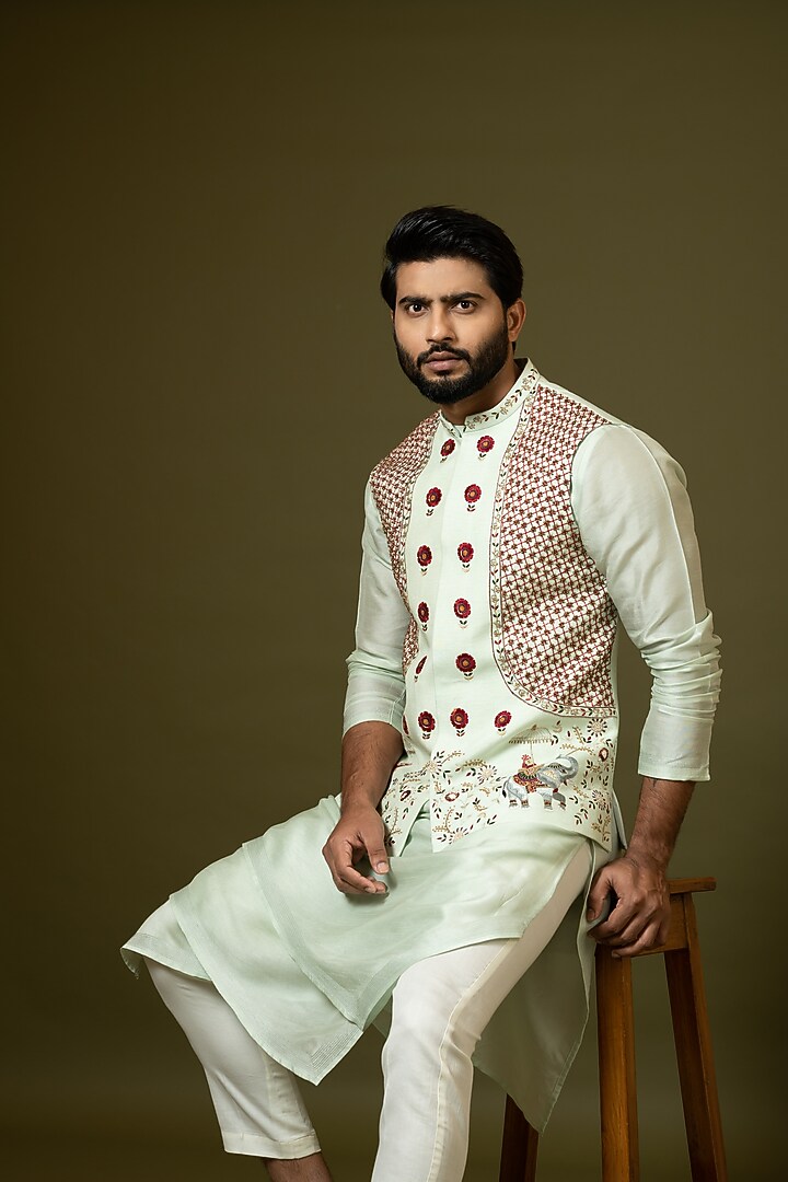 Mint Green Satin Embroidered Bundi Jacket With Kurta Set by PAARSH at Pernia's Pop Up Shop