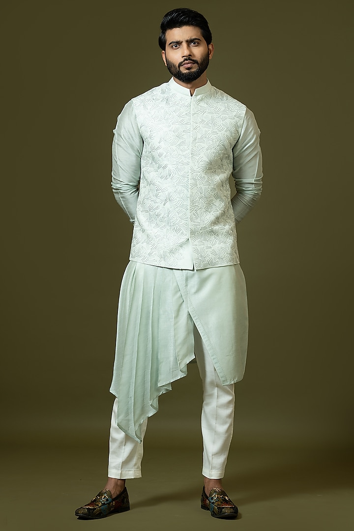 Dusky Green Embroidered Bundi Jacket With Kurta Set by PAARSH