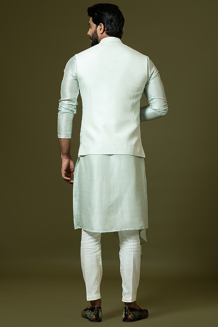 Dusky Green Bam Silk Cutdana Embroidered Bundi Jacket Set by PAARSH at Pernia's Pop Up Shop