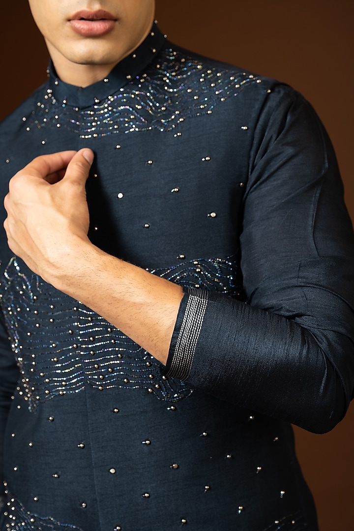 Navy Blue Linen Satin Embroidered Bundi Jacket Set by PAARSH at Pernia's Pop Up Shop