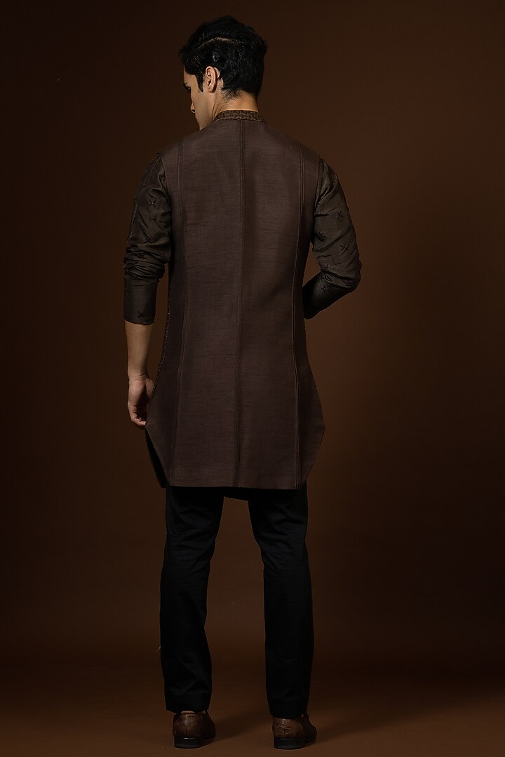 Coffee Brown Kora Embroidered Bundi Jacket Set by PAARSH at Pernia's Pop Up Shop
