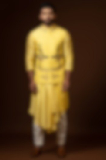 Mustard Yellow Bam Silk Bundi Jacket With Kurta Set by PAARSH