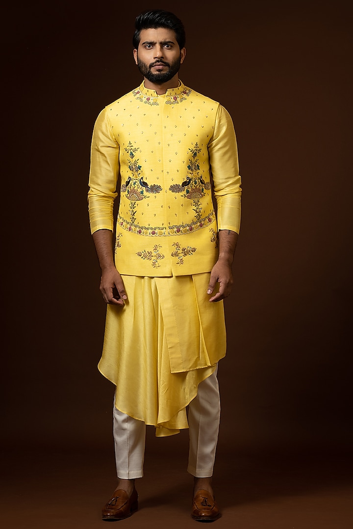 Mustard Yellow Bam Silk Bundi Jacket With Kurta Set by PAARSH