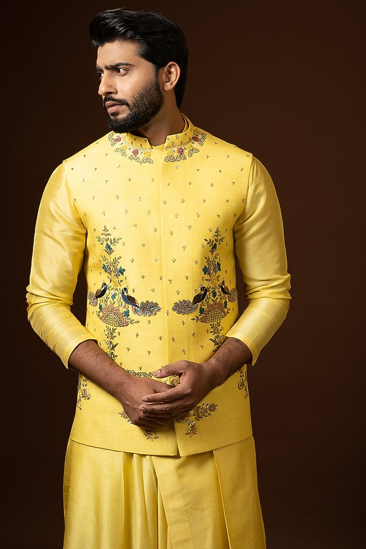 Mustard Bam Silk Bundi Jacket Set by PAARSH at Pernia's Pop Up Shop