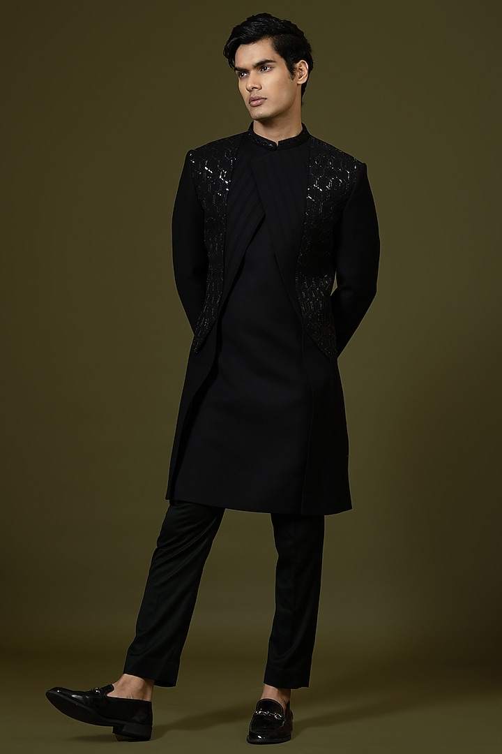 Black Embroidered Wedding Indowestern Set by PAARSH at Pernia's Pop Up Shop