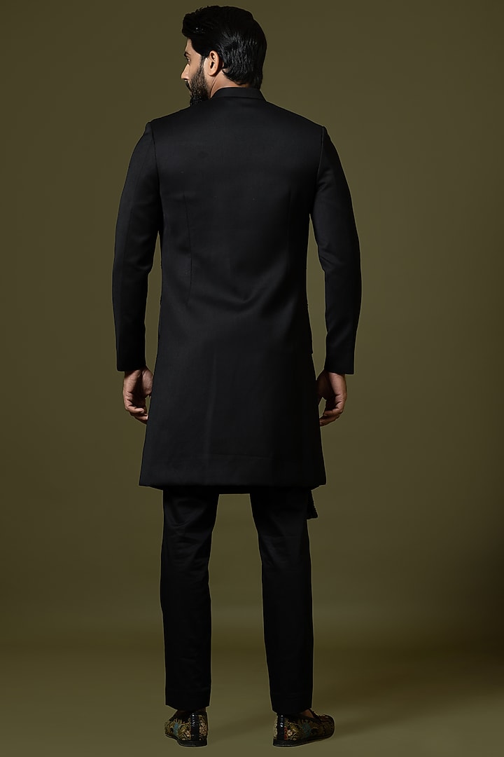 Black Suiting Fabric Wedding Indowestern Set by PAARSH at Pernia's Pop Up Shop