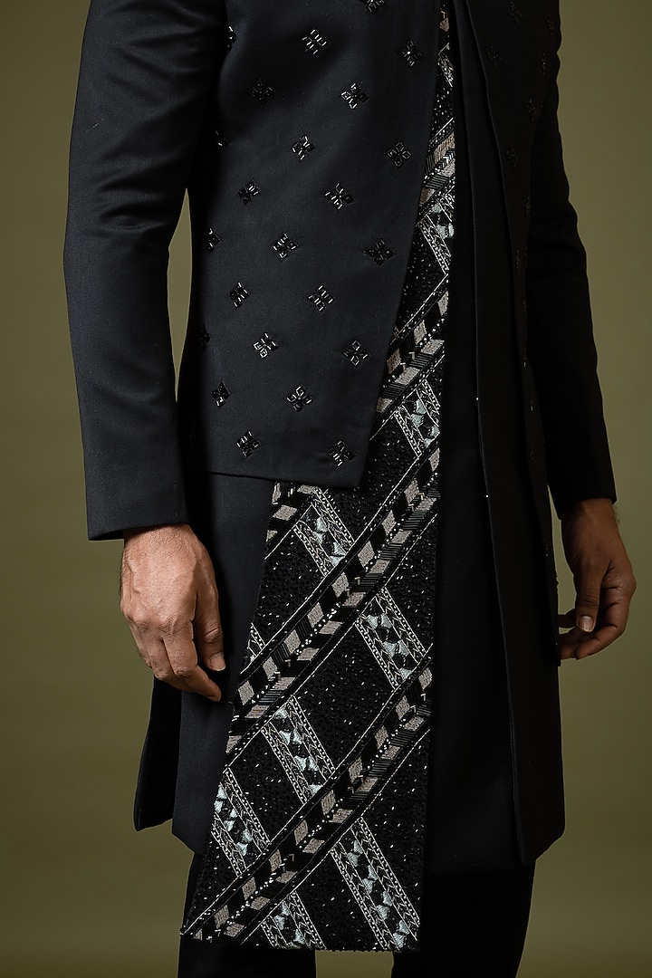 Black Suiting Fabric Wedding Indowestern Set by PAARSH at Pernia's Pop Up Shop