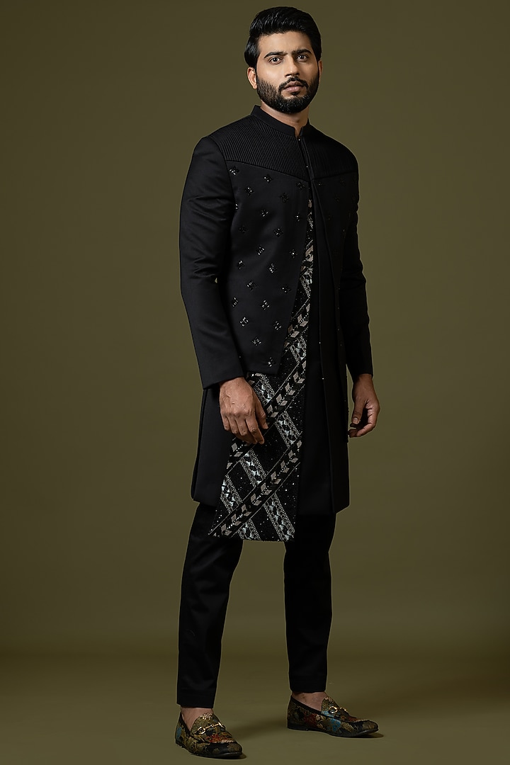 Black Suiting Fabric Wedding Indowestern Set by PAARSH at Pernia's Pop Up Shop