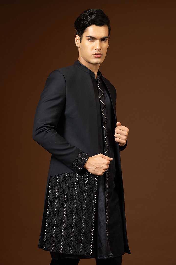 Black Embroidered Wedding Indowestern Set by PAARSH at Pernia's Pop Up Shop