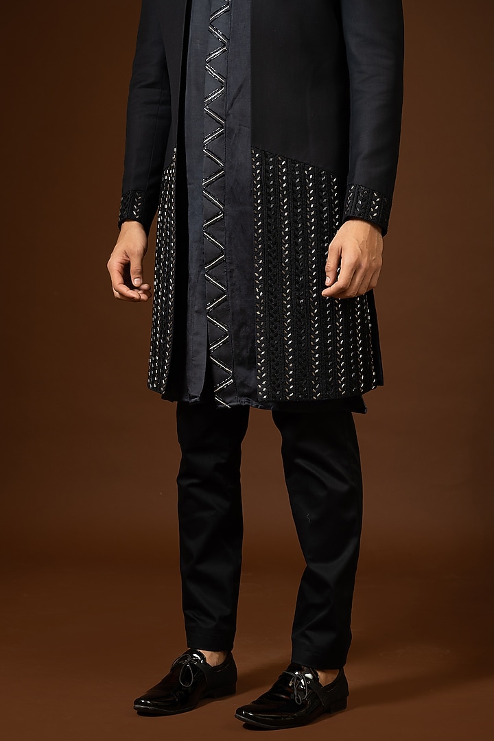Black Embroidered Wedding Indowestern Set by PAARSH at Pernia's Pop Up Shop