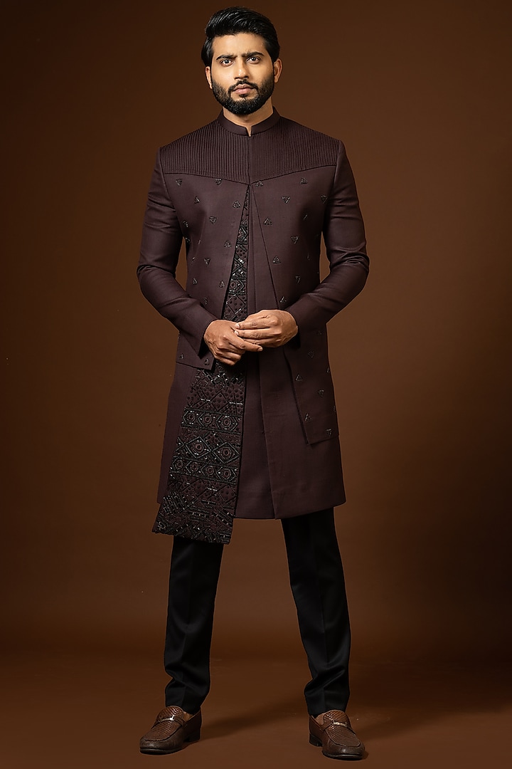 Wine Embroidered Indowestern Set by PAARSH