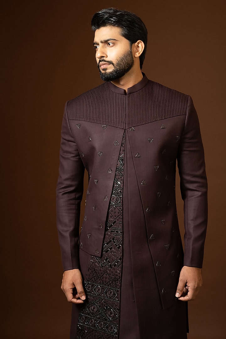 Wine Embroidered Wedding Indowestern Set by PAARSH at Pernia's Pop Up Shop