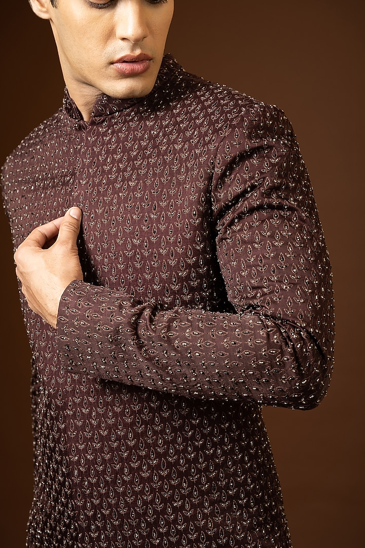 Brown Embroidered Wedding Indowestern Set by PAARSH at Pernia's Pop Up Shop