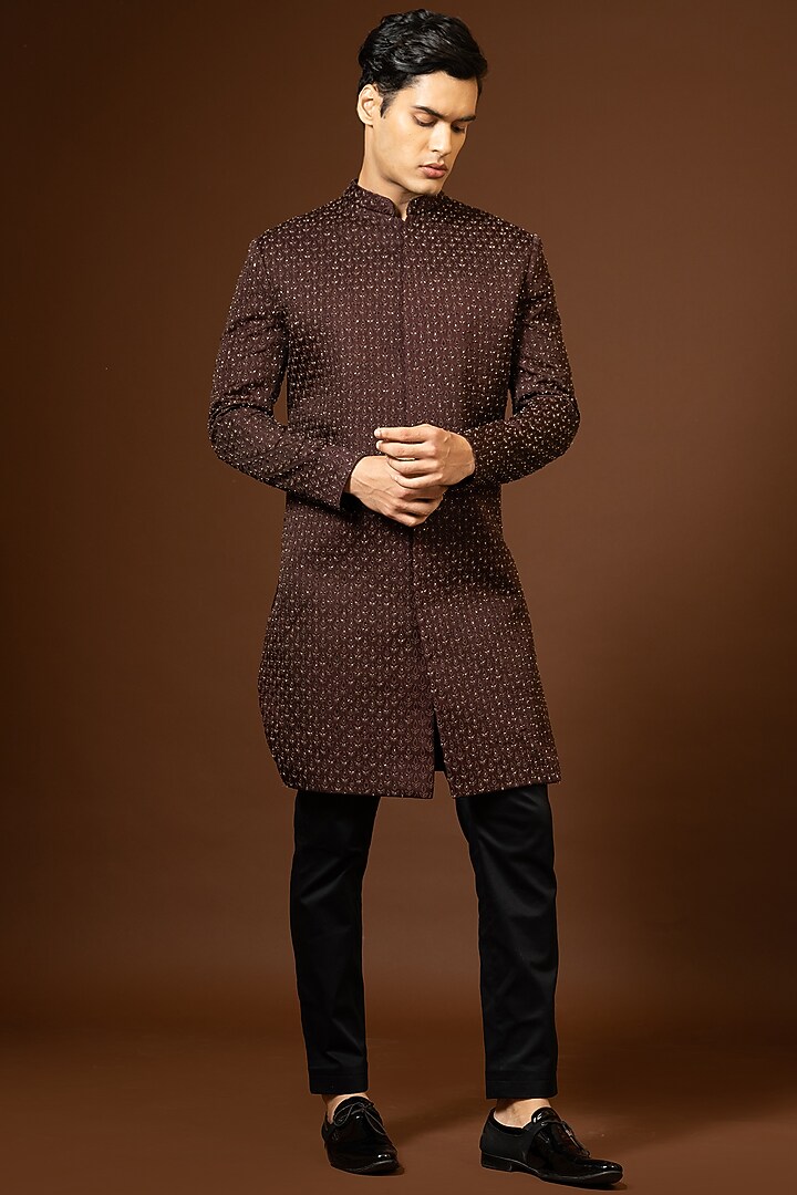 Brown Embroidered Wedding Indowestern Set by PAARSH at Pernia's Pop Up Shop