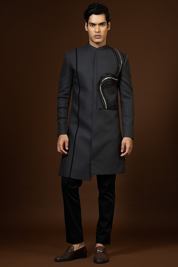 Charcoal Grey Embroidered Indowestern Set by PAARSH