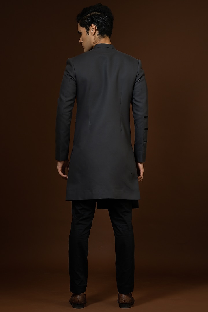 Charcoal Grey Embroidered Wedding Indowestern Set by PAARSH at Pernia's Pop Up Shop