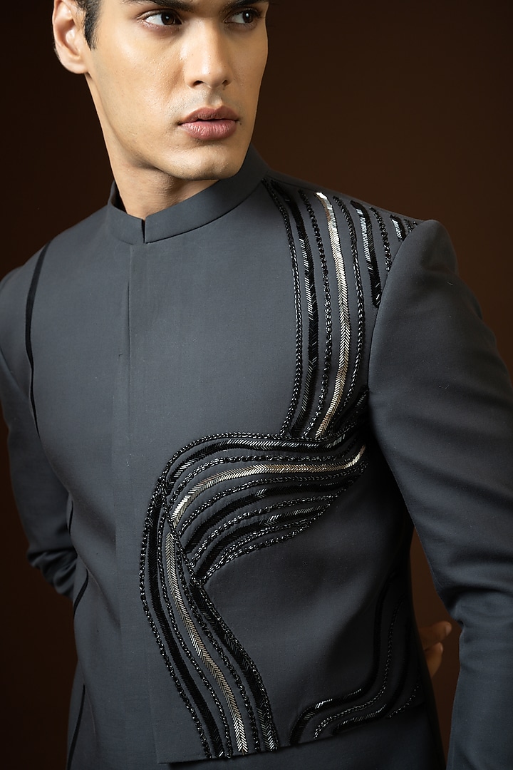 Charcoal Grey Embroidered Wedding Indowestern Set by PAARSH at Pernia's Pop Up Shop