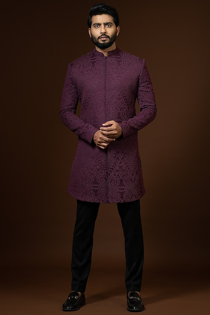 Wine Embroidered Sherwani Set by PAARSH