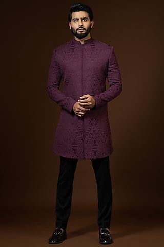 Wine Embroidered Sherwani Set by PAARSH
