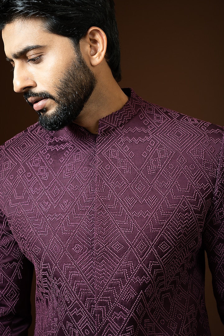 Wine Embroidered Wedding Sherwani Set by PAARSH at Pernia's Pop Up Shop
