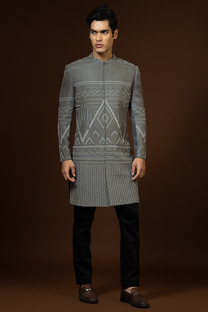 Grey Embroidered Sherwani Set by PAARSH