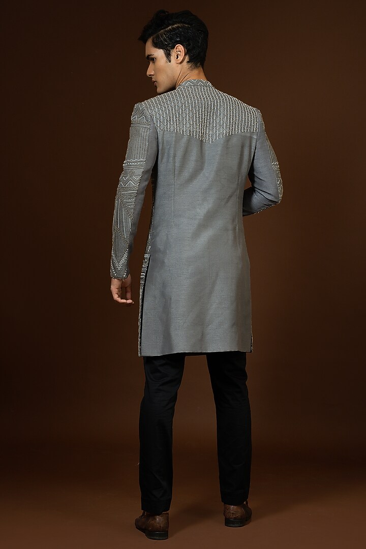 Grey Embroidered Wedding Sherwani Set by PAARSH at Pernia's Pop Up Shop