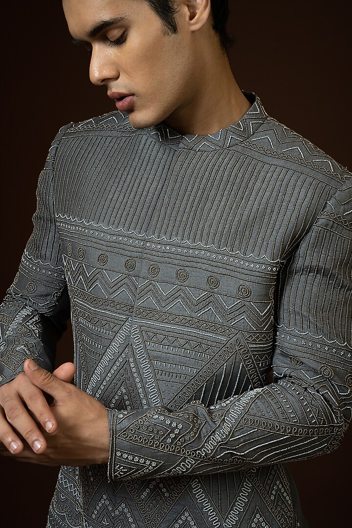 Grey Embroidered Wedding Sherwani Set by PAARSH at Pernia's Pop Up Shop