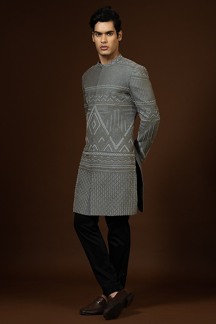 Grey Embroidered Wedding Sherwani Set by PAARSH at Pernia's Pop Up Shop