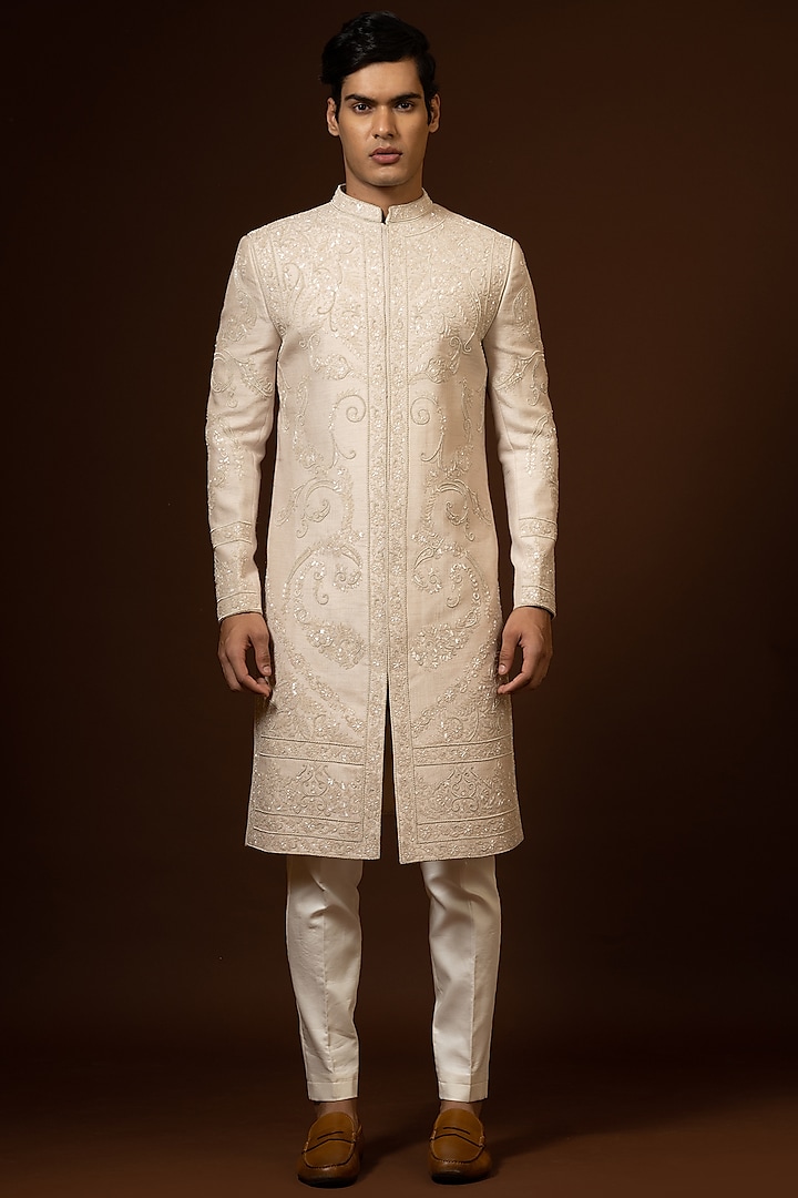 Fawn Embroidered Sherwani Set by PAARSH