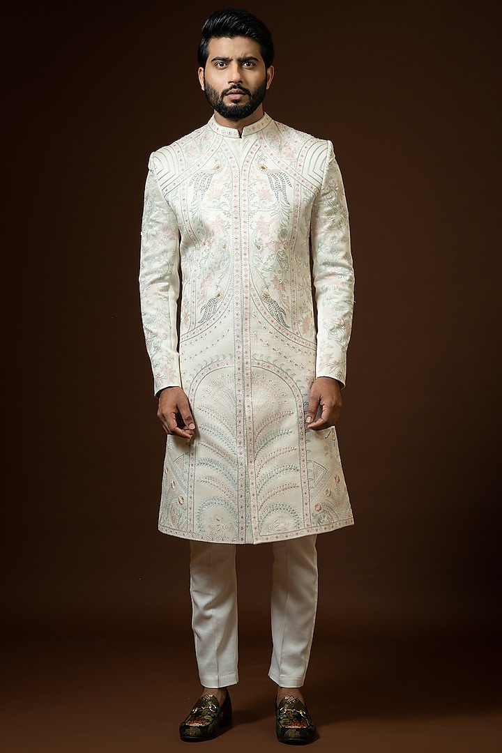 Ivory Embroidered Sherwani Set by PAARSH