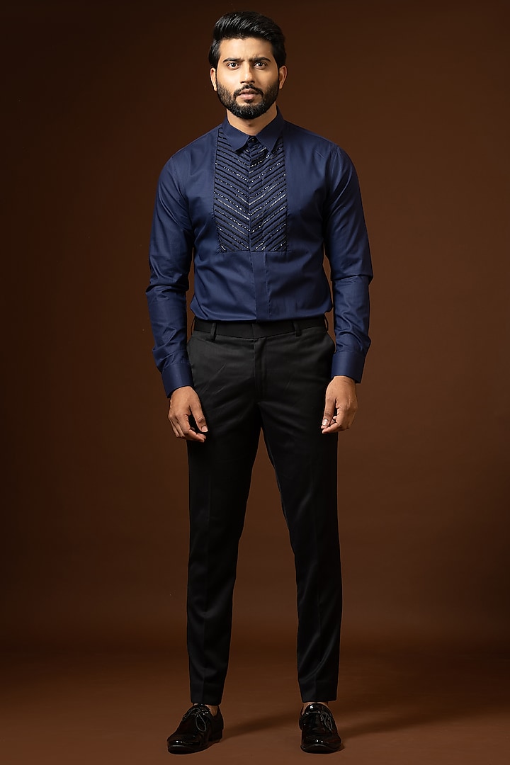 Ink Blue Embroidered Shirt by PAARSH