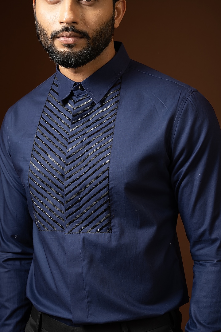Ink Blue Embroidered Party Wear Shirt by PAARSH at Pernia's Pop Up Shop