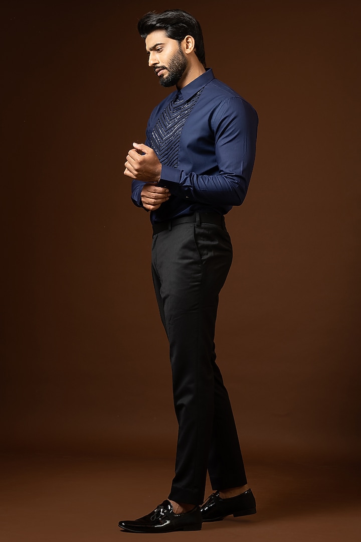 Ink Blue Embroidered Party Wear Shirt by PAARSH at Pernia's Pop Up Shop