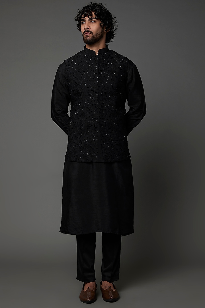 Black Raw Silk Bundi Jacket With Kurta Set by PAARSH