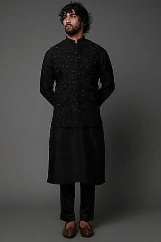 Black Raw Silk Bundi Jacket Set by PAARSH