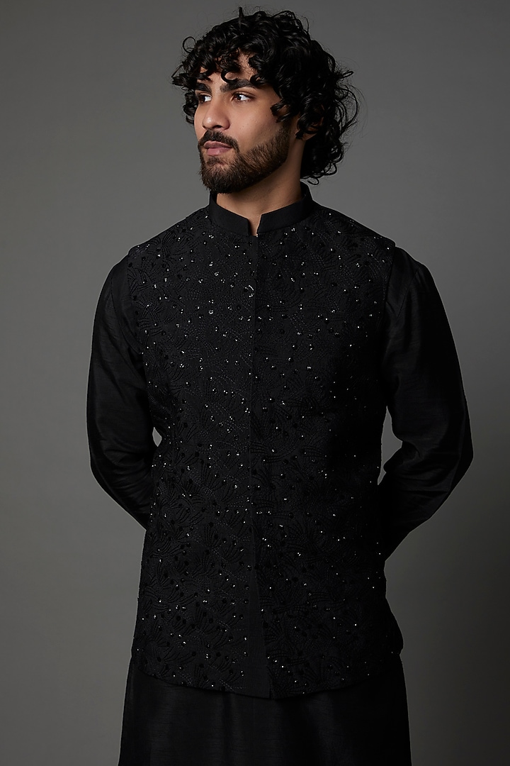 Black Raw Silk Bundi Jacket Set by PAARSH at Pernia's Pop Up Shop