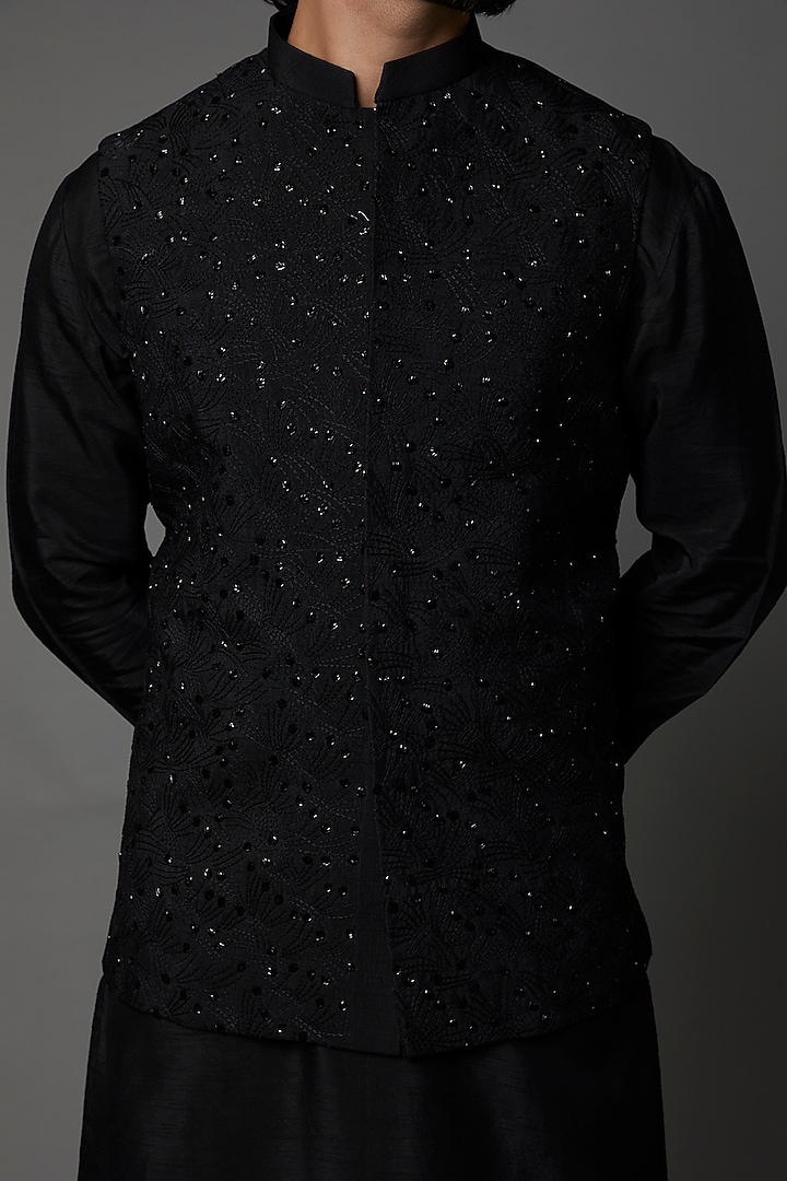 Black Raw Silk Bundi Jacket Set by PAARSH at Pernia's Pop Up Shop