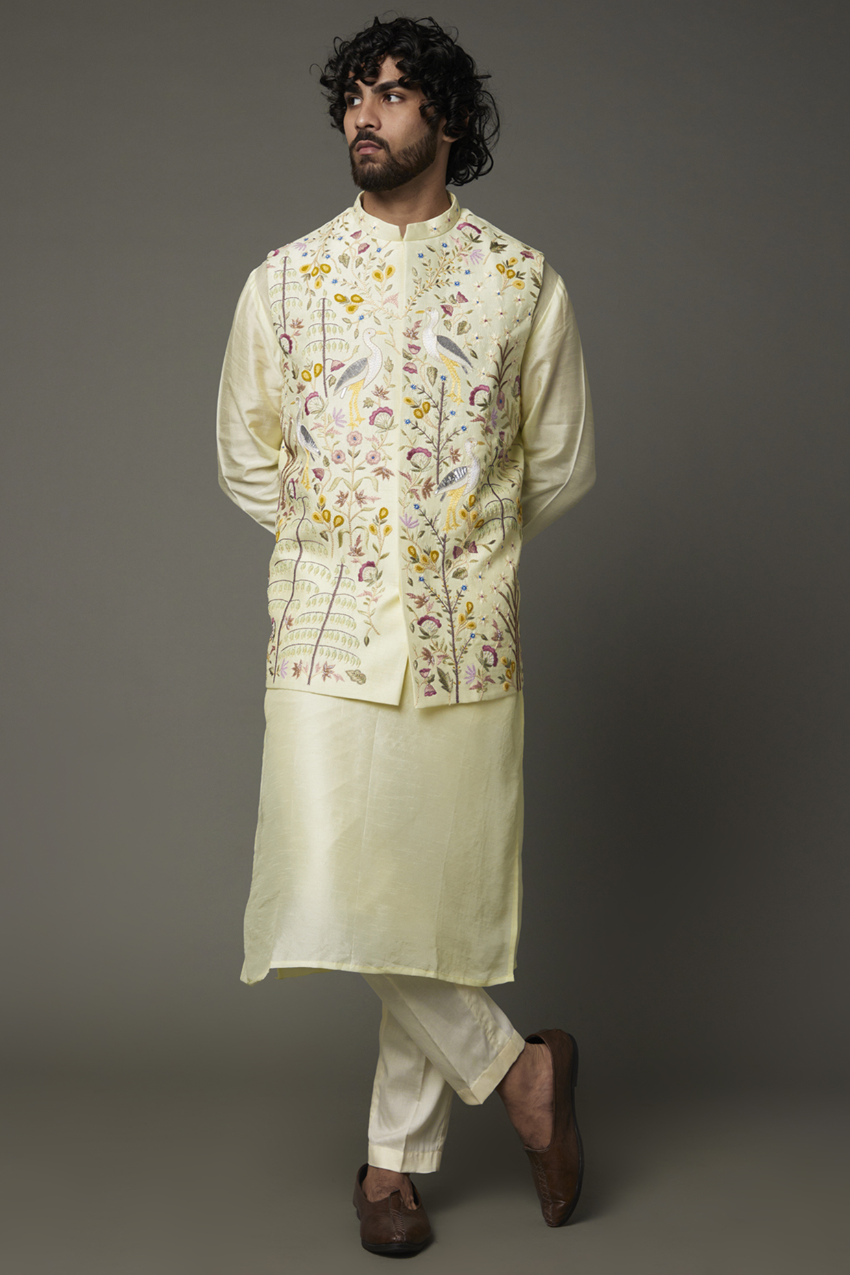 Ivory Raw Silk & Cotton Bundi Jacket Set by PAARSH