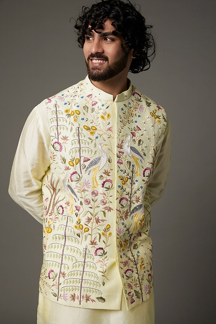 Ivory Raw Silk & Cotton Bundi Jacket Set by PAARSH at Pernia's Pop Up Shop