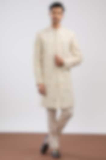 Ivory Linen Satin Embroidered Sherwani Set by PAARSH