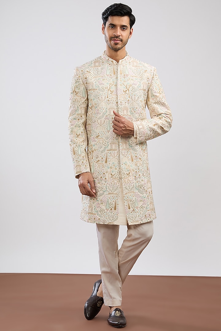 Ivory Linen Satin Embroidered Sherwani Set by PAARSH