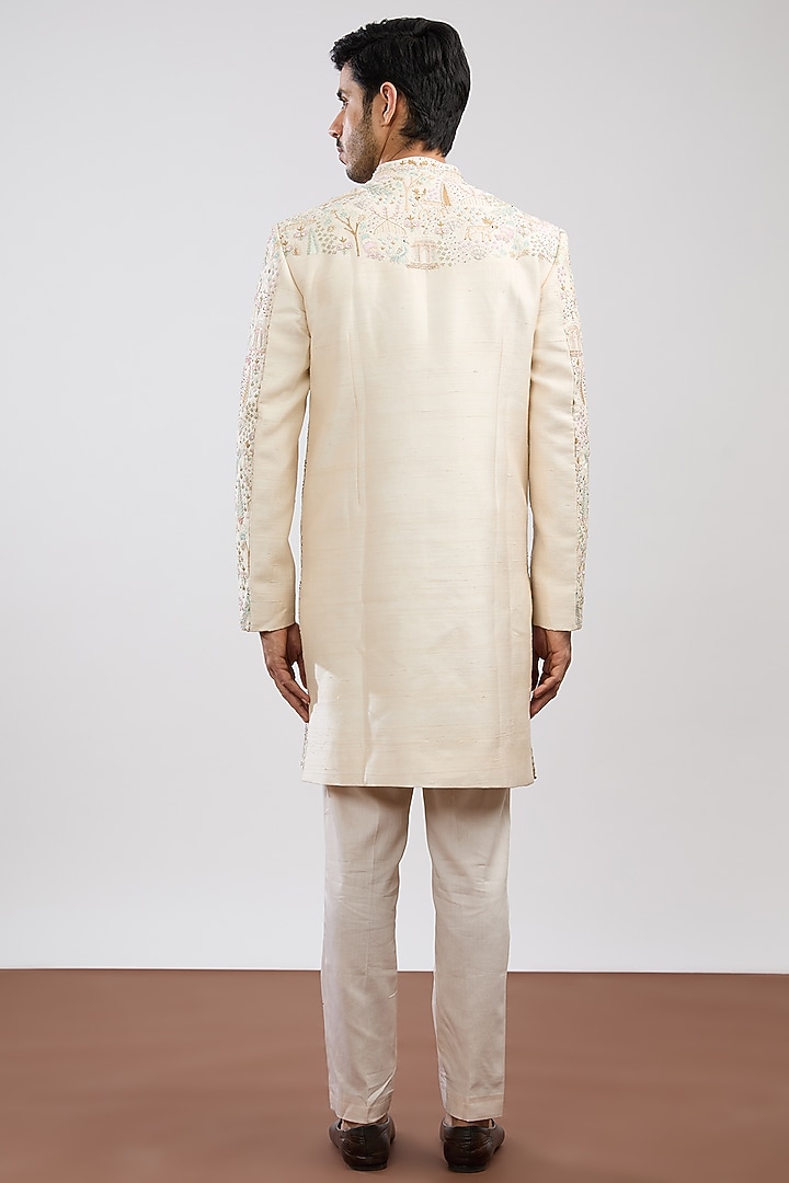 Ivory Linen Satin Embroidered Groom Sherwani Set by PAARSH at Pernia's Pop Up Shop