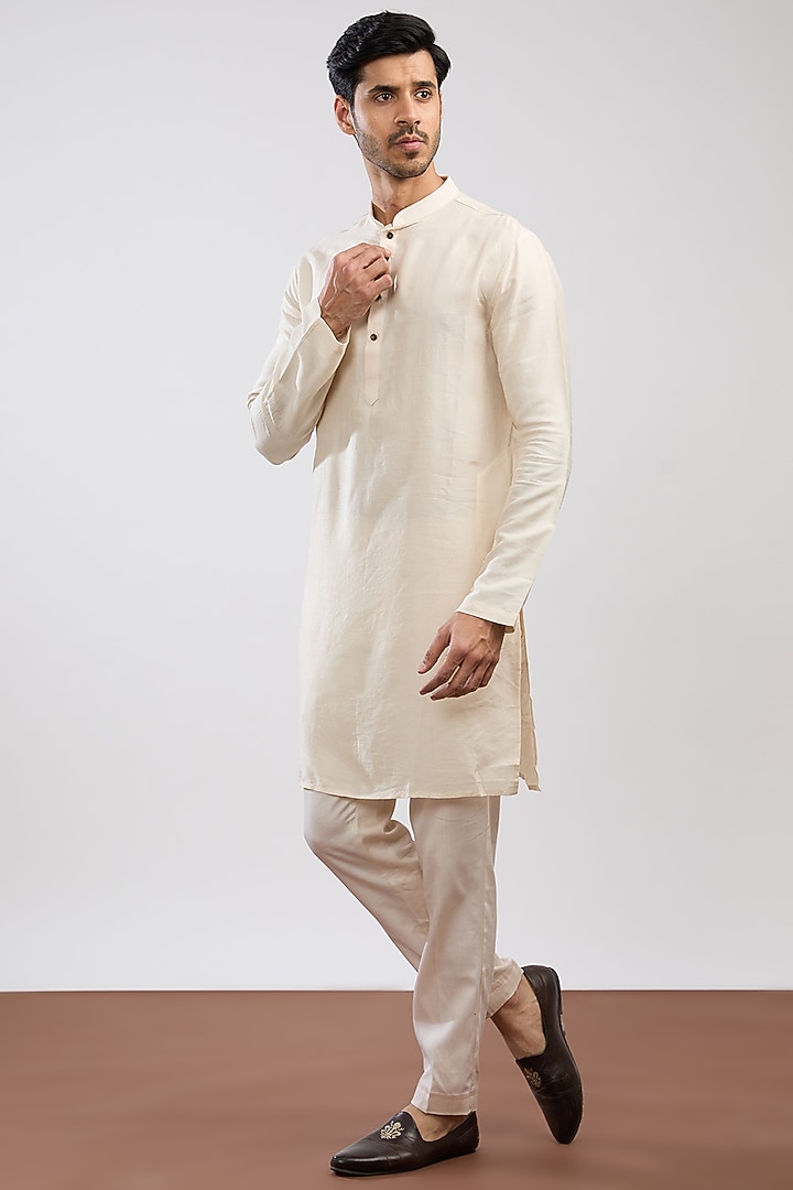 Ivory Linen Satin Embroidered Groom Sherwani Set by PAARSH at Pernia's Pop Up Shop