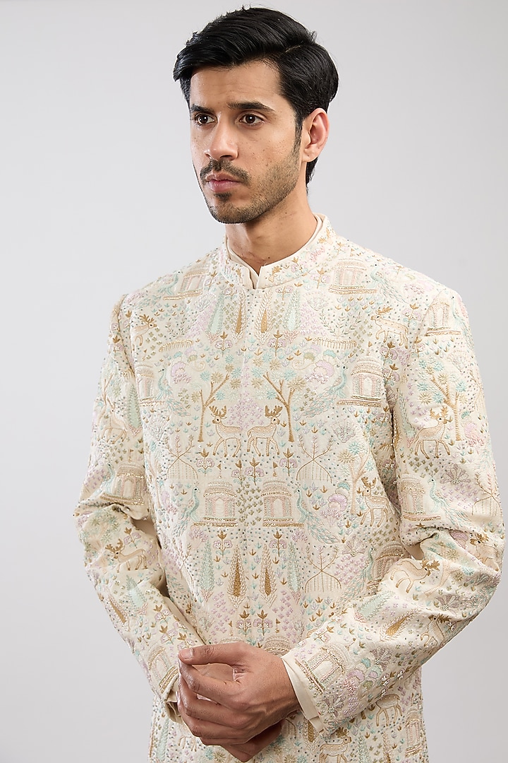 Ivory Linen Satin Embroidered Groom Sherwani Set by PAARSH at Pernia's Pop Up Shop